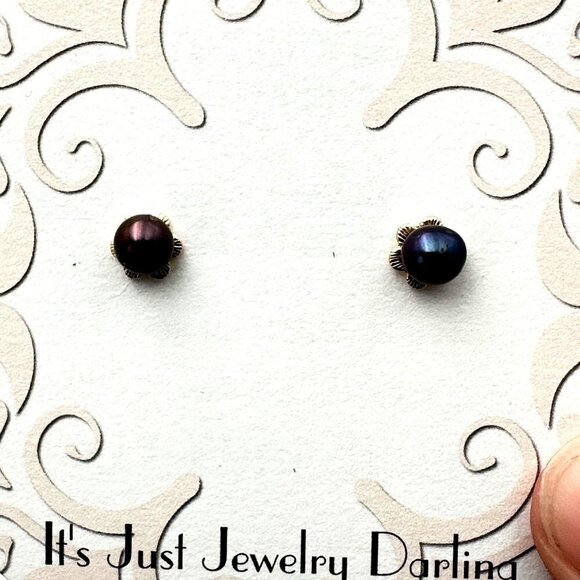 Womens Earrings 14K Yellow Gold Black Pearl Pierced Gift Idea for Her Estate - Picture 3 of 4